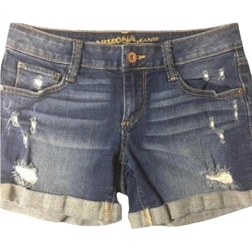 Arizona Jean Co‎ Size 3 Distressed Cuffed Denim Shorts Stretch Medium Wash Blue